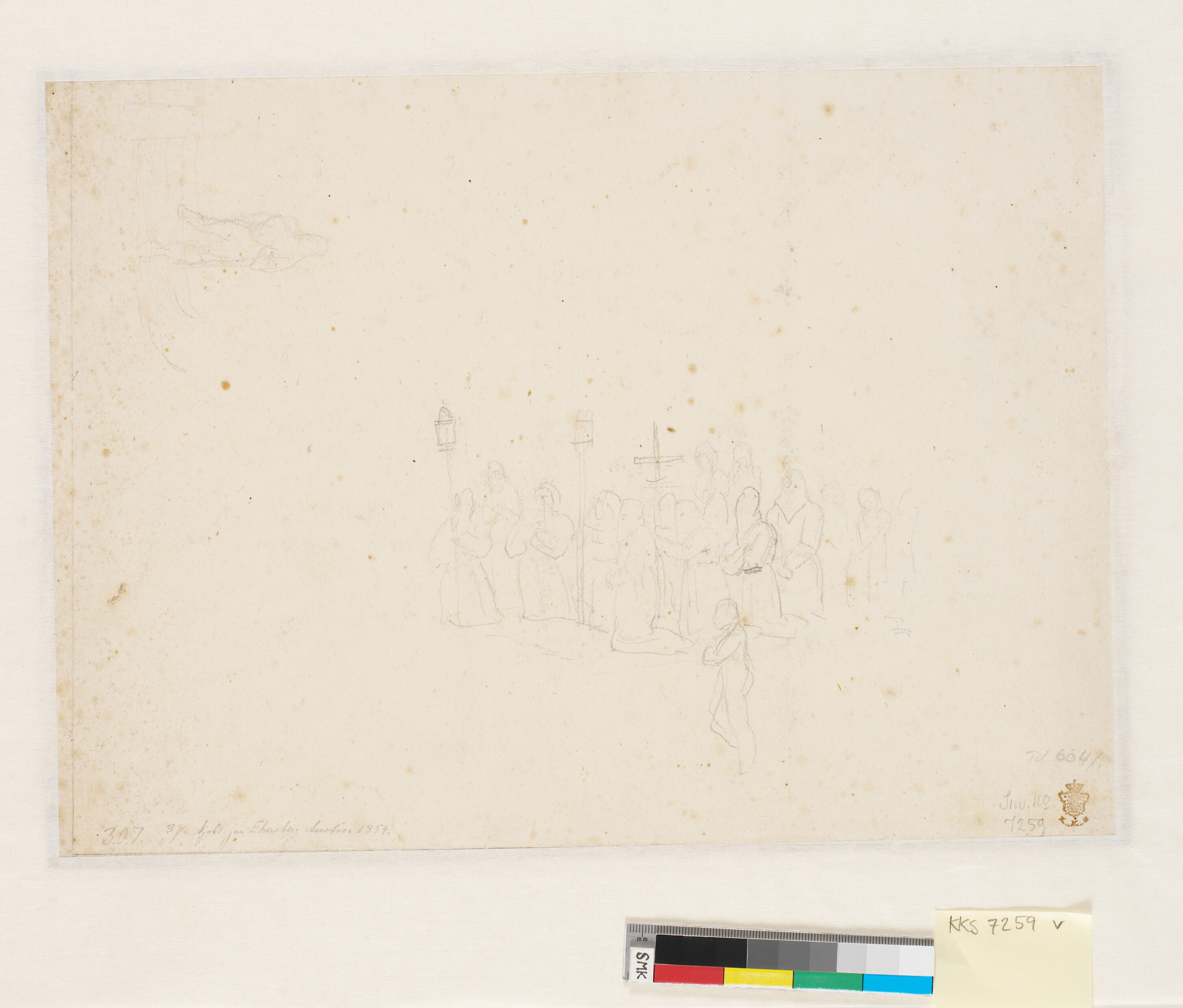 To skitser, en procession af knælende kapucinermunke og en lignende figur, der går op eller ned ad en trappe